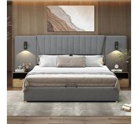 Lit double rembourré 180x200 avec rangements, lit coffre avec port USB, lit hydraulique avec lampe de lecture réglable et tête de lit, lit fonctionnel avec sommier à lattes, velours,Grey