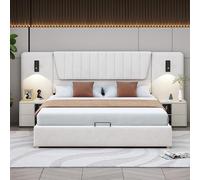 Lit double rembourré 180x200 avec rangements, lit coffre avec port USB, lit hydraulique avec lampe de lecture réglable et tête de lit, lit fonctionnel avec sommier à lattes, velours,White