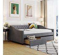 Lit double rembourré avec deux tiroirs de rangement, lit en bois massif avec support à lattes en bois solide, compatible avec les enfants et les adolescents, design peu encombrant et pas besoin de