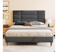 Lit double rembourré, avec sommier à lattes, 140 x 200 cm, cadre de lit rembourré avec tête de lit, en lin gris foncé, pour adultes et adolescents, matelas non inclus