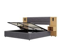 Lit double rembourré avec tête de lit intégrée,système de rangement hydraulique sous sommier,deux tables de chevet avec espaces de rangement,ports USB-A et USB-C,éclairage intégré (Gris,180x200cm)