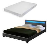 Lit Double Rembourré Design avec Éclairage LED en 6 Couleurs Sommier à Lattes Matelas Mousse à Froid Polyester 180 x 200 cm Gris Foncé Corium