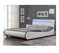 Lit Double Rembourré Éclairage LED Integré Sommier à Lattes 180 x 200 cm Housse Similicuir Blanc Noir