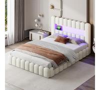 Lit Double rembourré en Lin 160 x 200 cm avec éclairage LED, lit Coffre, Port USB et Port Type-c, Lattes Doubles, Lits Adulte et ado, Matelas Non Inclus (Beige, 160x200cm)