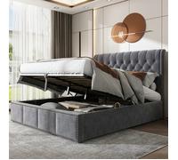 Lit double rembourré - LANGTU - Lit double 180x200 avec rivets - Coffre de rangement - Velours gris - Tête de lit 102,5 cm