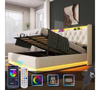 Lit double rembourré, LDE 160 x 200 cm, blanc MatériauPolyuréthaneLit de camp hydraulique, tête de lit avec USB Type-C Sans matelas