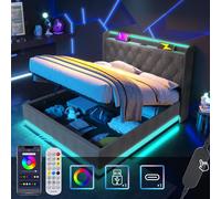 Lit double rembourré,LDE140 x 200 cm,Gris Matériau lin Lit de camp hydraulique, tête de lit avec USB Type-C Sans matelas