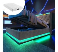 Lit double rembourré, LDE160 x 200 cm,Gris Matériau lin Lit de camp hydraulique, Tête de lit avec USB Type-C Avec matelas