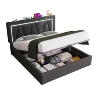 Lit double rembourré, LED, 160 x 200 cm, avec fonction de charge USB de type C et éclairage LED, espace de rangement, cadre de lit en lin, avec sommier à lattes, sans matelas