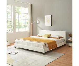 Lit Double Rembourré Moderne Robuste Sommier à Lattes Solide Housse Similicuir Design Élégant 180 x 200 cm Blanc