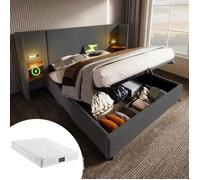 Lit double rembourré - REDOM - 160x200 cm - Avec table de chevet et lampe - Charge USB-C - Lit coffre gris