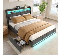 Lit Double Rembourré - TANANT - 140x200 cm - 4 Tiroirs - Tête de Lit avec USB - LED Intégrée