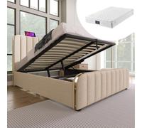 Lit double rembourré, tête de lit avec bandes dorées et USB type C 140 x 200 cm, lit de camp hydraulique,Avec matelas
