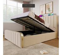 Lit double rembourré, tête de lit avec bandes dorées et USB type C 140 x 200 cm, lit de camp hydraulique, sans matelas