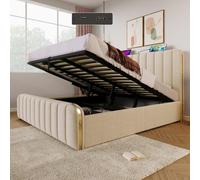 Lit double rembourré, tête de lit avec bandes dorées et USB type C 180 x 200 cm, lit de camp hydraulique,Sans matelas
