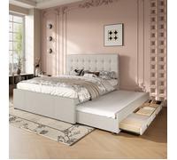 Lit Double Rembourrée 140x200 cm en Tissu Beige avec 3 Tiroirs et Lit Gigogne, Tête de Lit Rembourrée Réglable, Sans Matelas