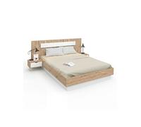 IDMarket – Lit double SANTA – tête de lit et chevets intégrés, sommier 140x190 cm Bois/Blanc