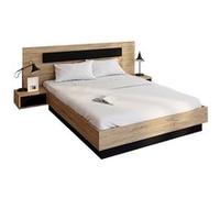 IDMarket – Lit double SANTA – tête de lit, tables de chevet intégrées, sommier 140x190 cm bois/noir