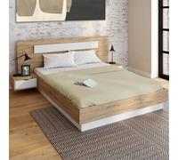 IDMARKET Lit double SANTA – tête de lit & tables de chevet intégrées, sommier 160x200 cm, bois/blanc
