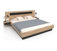 IDMarket Lit double SANTA – tête de lit avec chevets intégrés, sommier 180×200 cm bois et noir