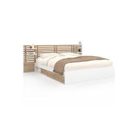IDMarket Lit double Savana – tête de lit, chevets, rangements, sommier 160x200 cm façon hêtre/blanc