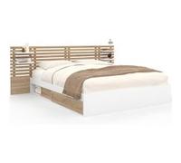 IDMarket Lit double Savana – tête de lit, chevets, rangements, sommier 160x200 cm façon hêtre/blanc