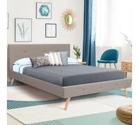 IDMarket - Lit Double scandinave Oslo avec tête de lit et sommier 140 x 190 cm Tissu Beige Effet Lin