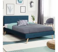 IDMarket – Lit double scandinave OSLO 160 x 200 cm avec tête de lit et sommier tissu bleu canard