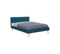 IDMarket Lit double scandinave OSLO avec tête de lit et sommier 140 x 190 cm tissu bleu canard