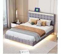 Lit double - TANANT - 140x200 cm - LED - Tête de lit réglable - Gris