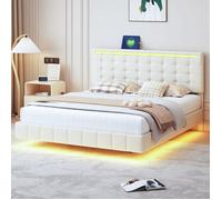 Lit double - TANANT - 160x200 cm - Sommier à lattes - LED intégrée multicolore - Tissu lin beige