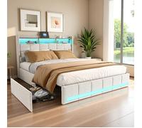 Lit double TANANT 160x200 cm - Tête de lit avec USB - 4 tiroirs - LED intégrée - Tissu lin Beige