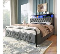 Lit Double Velours-Commande App et USB-Éclairage LED-4 Tiroirs de Rangement-Structure Métal-Gris-140 x 200 cm-Sans Matelas