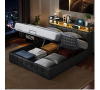 Lit Double - Vélyon - 140 x 200 cm - Lumière LED - Tête de Lit avec Port de USB et Type C - Coffre de rangement - en PU