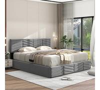 Lit Double Zepneiy 140x200 avec Sommier, Tête de Lit Rembourrée Réglable en Hauteur, Lit Coffre avec Tiroir, Cadre de Lit Moderne en Velours Gris