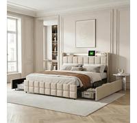Lit Double160x200cm,Lits à LED avec Sommier à Latte,Port USB,4 Grands et Tiroirs,Cadre de lit avecTête de lit en Lin,Moderne-sans Matelas,Beige