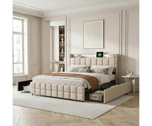 Lit Double160x200cm,Lits à LED avec Sommier à Latte,Port USB,4 Grands et Tiroirs,Cadre de lit avecTête de lit en Lin,Moderne-sans Matelas,Beige