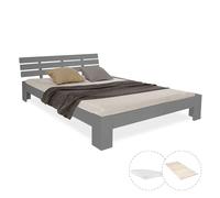 Lit Double 140x200 avec Matelas et Sommier à Lattes Cadre de Bois Gris Homesty4u