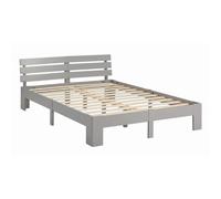 Homestyle4u Lit en bois gris 140 x 200 cm avec matelas et sommier à lattes | Lit double en pin massif et MDF, gris laqué avec matelas et sommier à lattes roulants, bords arrondis, tête de lit 67 cm