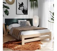 Lit en bois 140x200 cm - Sommier à lattes inclus - Pin massif - Style scandinave - Avec tête de lit basse - Bois naturel