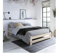 Lit en bois 160x200 cm - Sommier à lattes inclus - Pin massif - Style scandinave - Avec tête de lit moyenne - Bois naturel