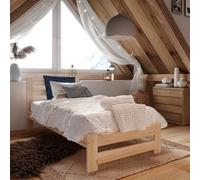 Lit en bois 90 x 200 cm avec sommier à lattes, moderne, en pin massif, lit simple, classique, confortable et durable, style scandinave bohème, maison de campagne, tête de lit haute, naturelle