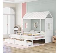 Lit en bois en forme de maison avec 2 tiroirs de rangement et garde-corps, 2 lits jumeaux avec construction solide, pas besoin de sommier tapissier, 214,4 x 204 x 205 cm (L x l x H), gris (blanc lit