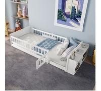 Lit en bois, lit enfant, 90 x 200 cm, pin, Lit de sol avec rangement ouvert, étagères, coffre ouvrant, sans matelas, blanc