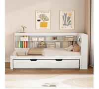 Lit en bois massif 90*200, lit gigogne 90*190 avec prises USB et multiples rangements, lit simple, lit multifonction en bois,