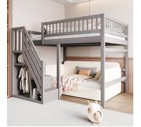 Lit en bois massif gris - 140x200 cm - Escalier avec rangement - Garde-corps haut - Pour enfant et adolescent
