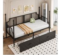 Lit en fer 90x200 cm, avec dossier en filet, accoudoirs et support de colonne, cadre en métal avec compartiments de rangement, noir