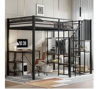 Lit en fer, lit superposé, adapté aux enfants et aux adolescents, armoire d'angle avec espace de rangement, avec table et étagère,