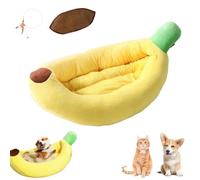 Lit en forme de banane pour chien et chat en forme de banane - Créatif, confortable et lavable - Avec coussin amovible (jaune+tapis rafraîchissant, 100 x 55 x 25 cm)