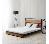 Lit en métal 140 x 200 cm noir-marron avec sommier à lattes - Lit double moderne aspect bois